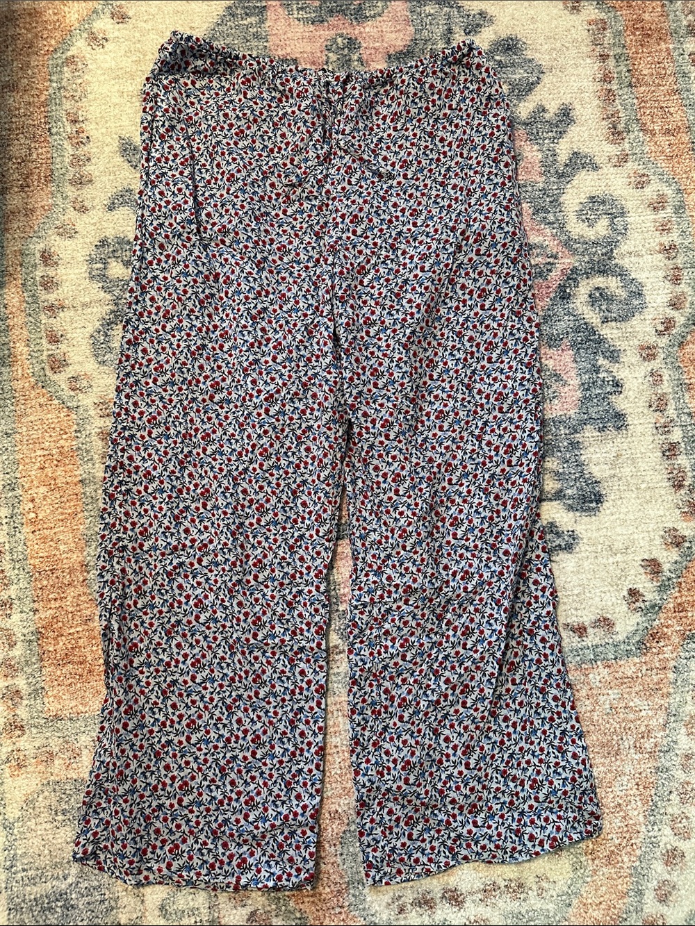 J. Crew White Floral Print Beach Gauze Pants with Red & Blue Flowers